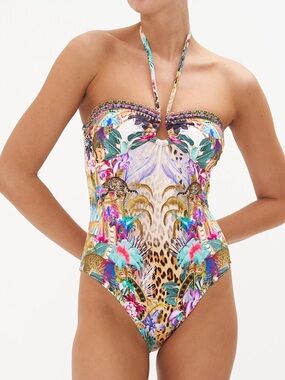Camilla Tropical Multicolor Strapless Halter swim suit with top and sarong woman